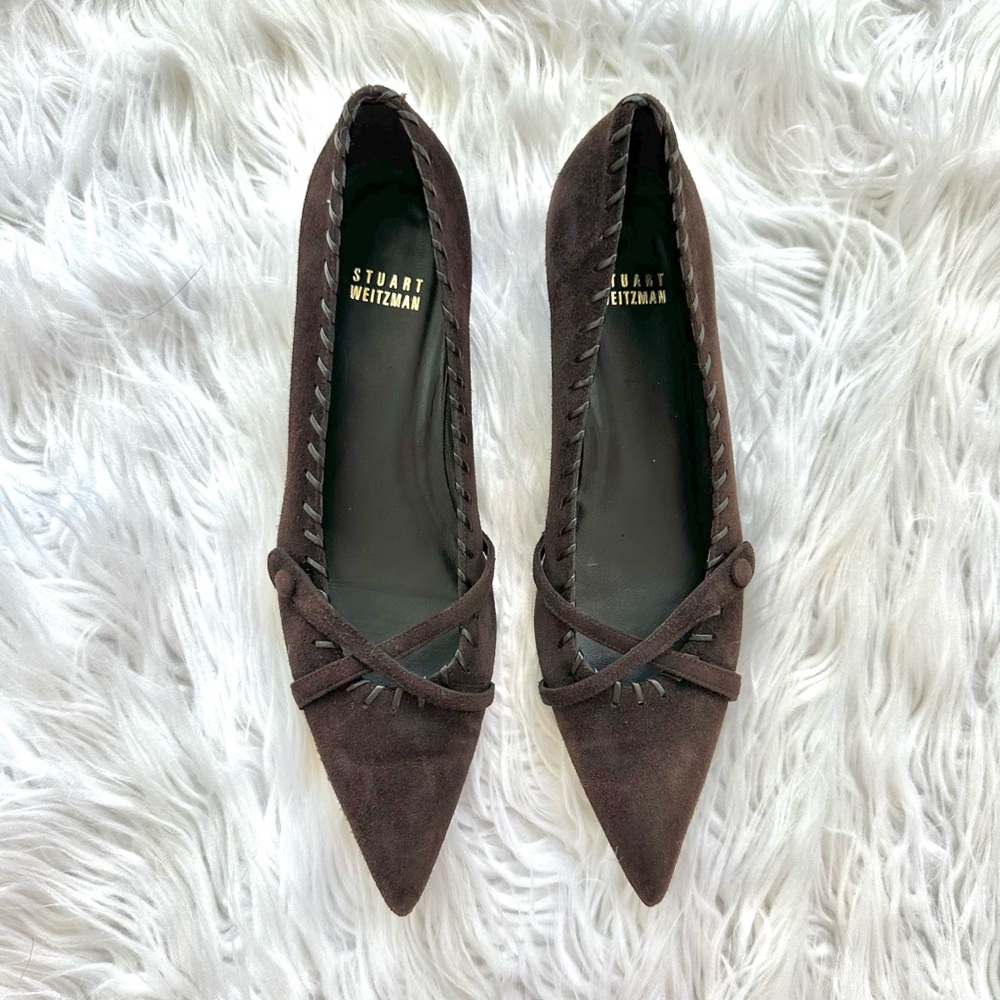 Stuart Weitzman Brown Suede whip Stitch Low Heels Pointed Toe Size 7 1/2 M